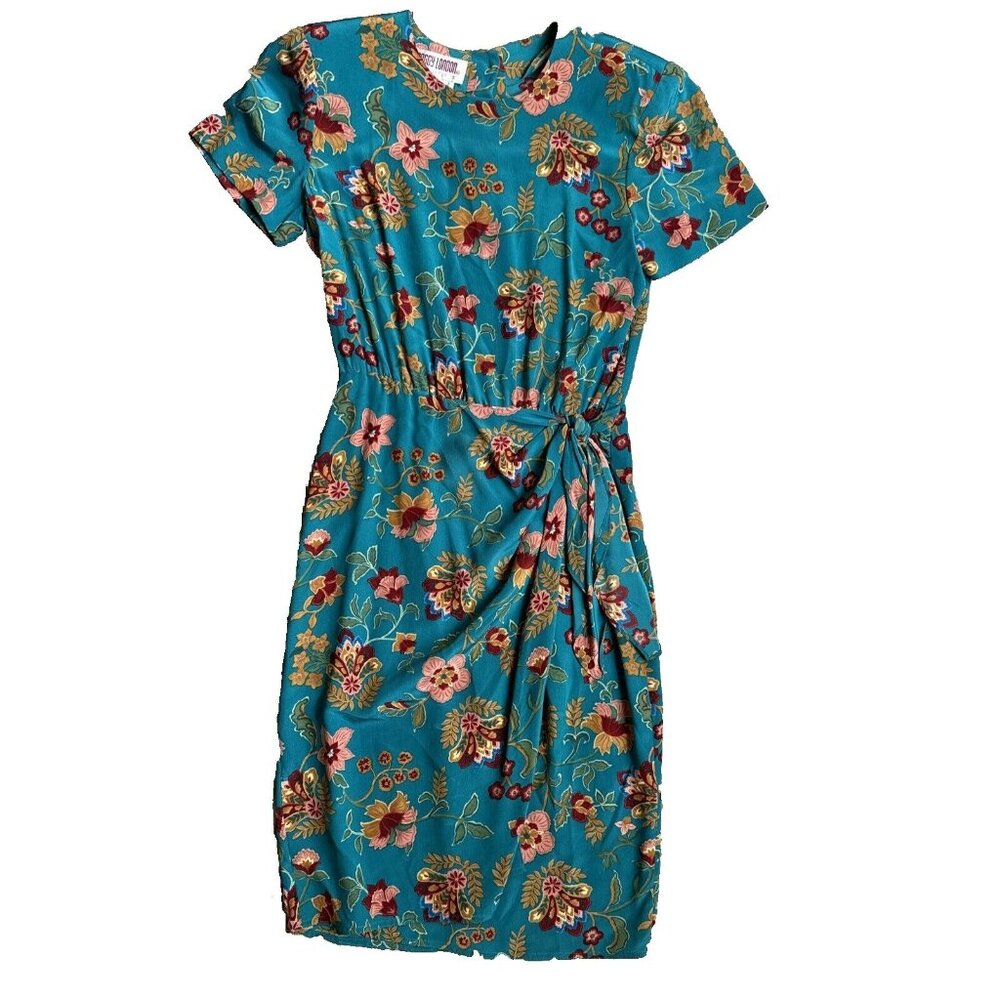 Maggy London Teal Floral Midi Dress with Pink & Burgundy Flowers